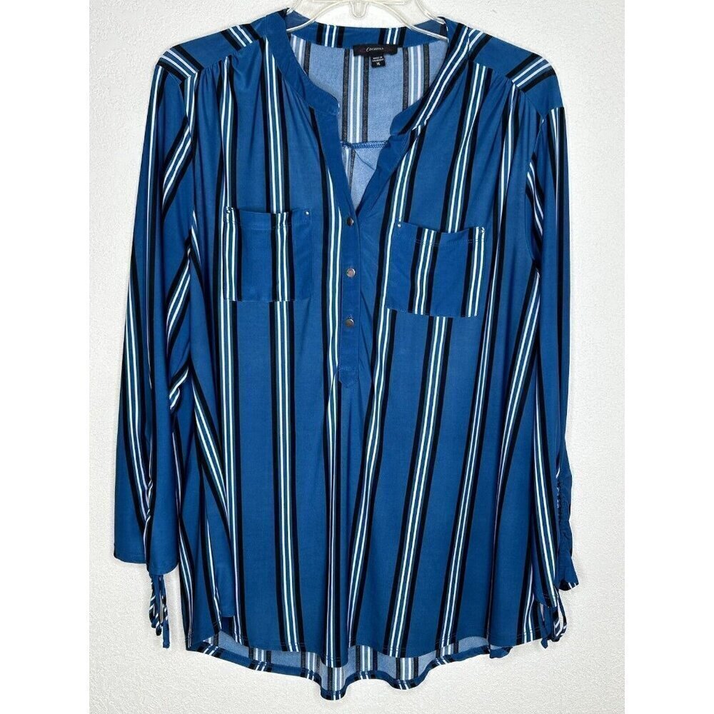 Cocomo Top XL Blue Stripe 3/4 Sleeve Cinched Tie Sleeve Tunic Blouse Office